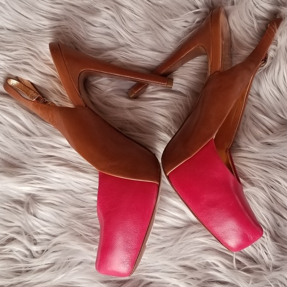 BCBG Pimone Pink/Brown Sling Back Leather Heels 6 - Picture 4 of 8